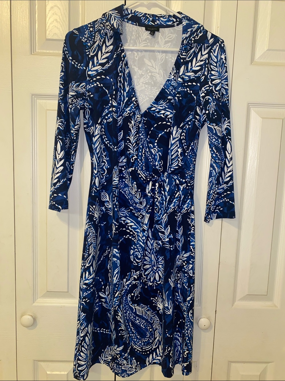 Talbots Blue and White Paisley Wrap-Style Long Sleeve Dress